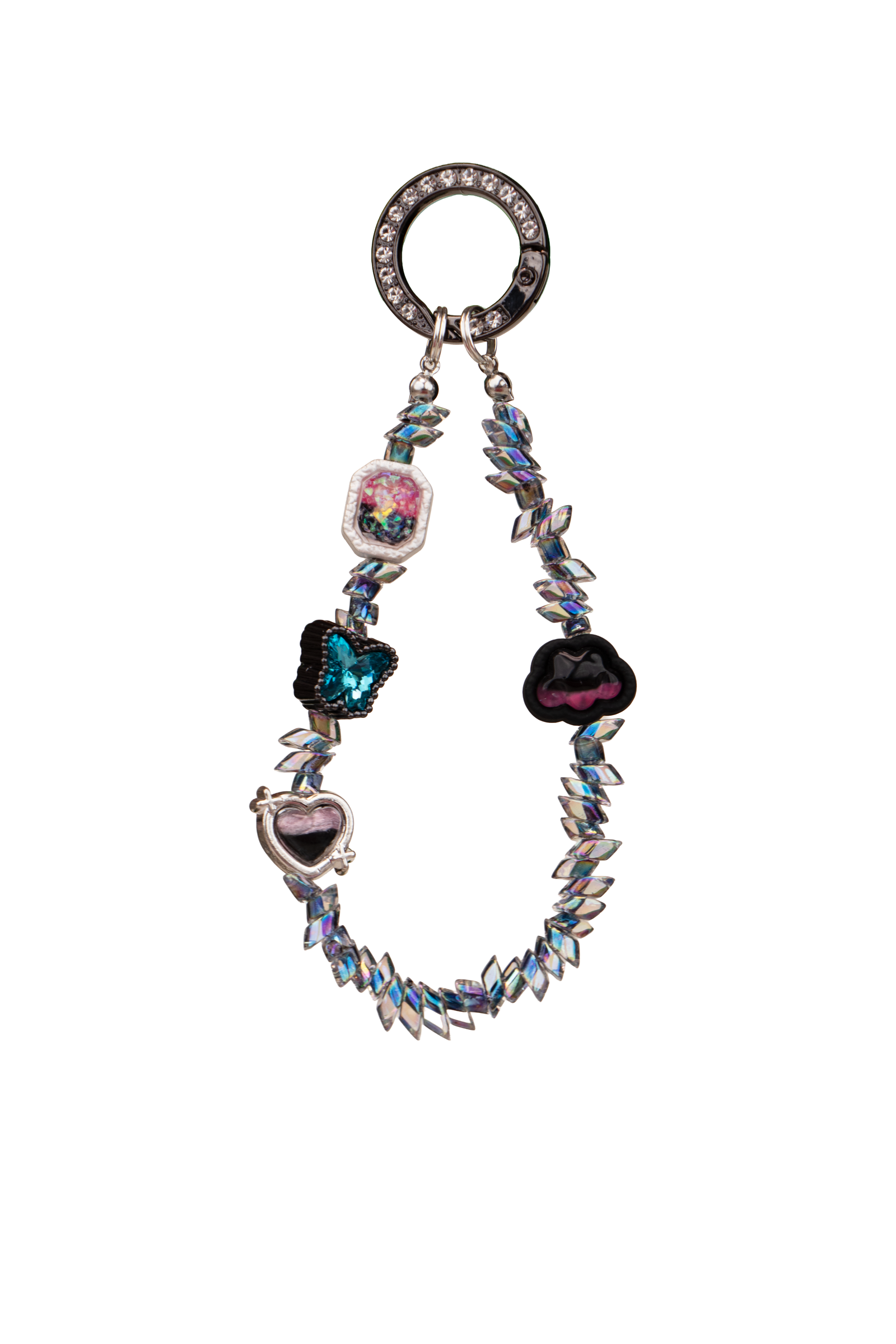 Midnight Flutter phone charm with dark rhinestone ring and iridescent details