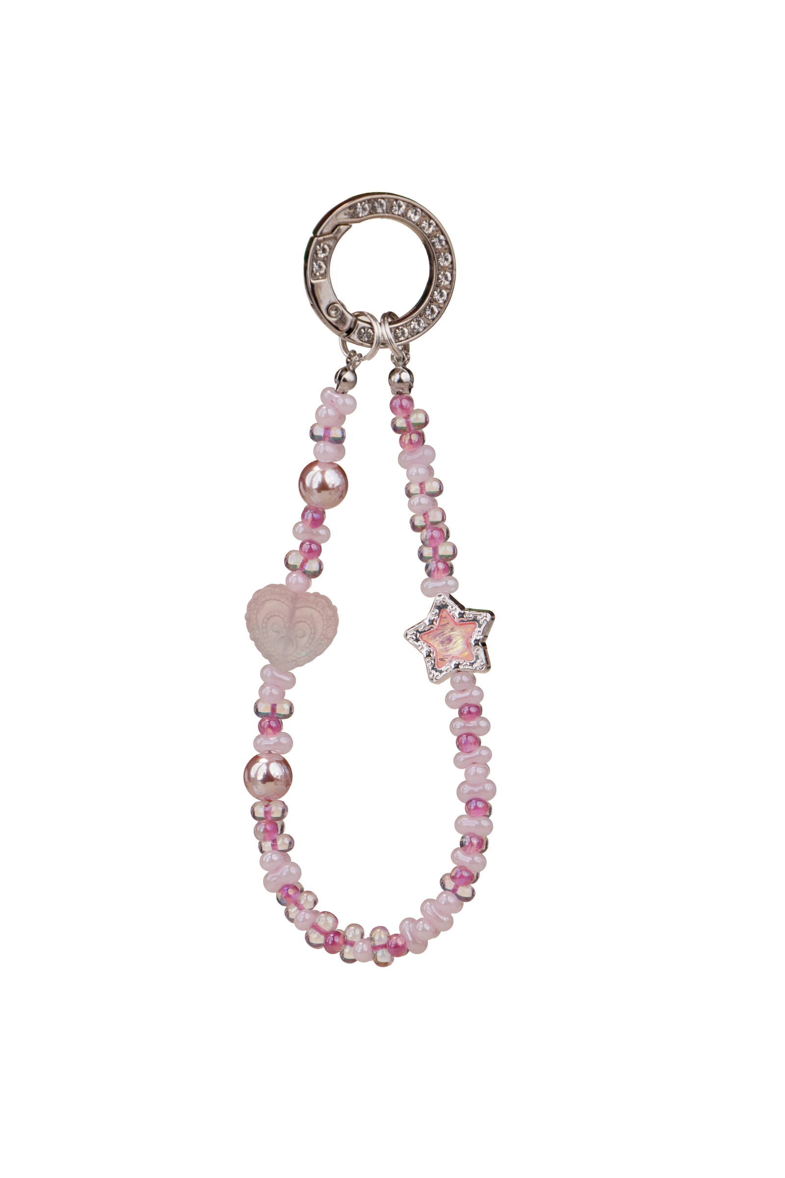Blush Star phone charm with pink beads and silver-tone ring on phone case