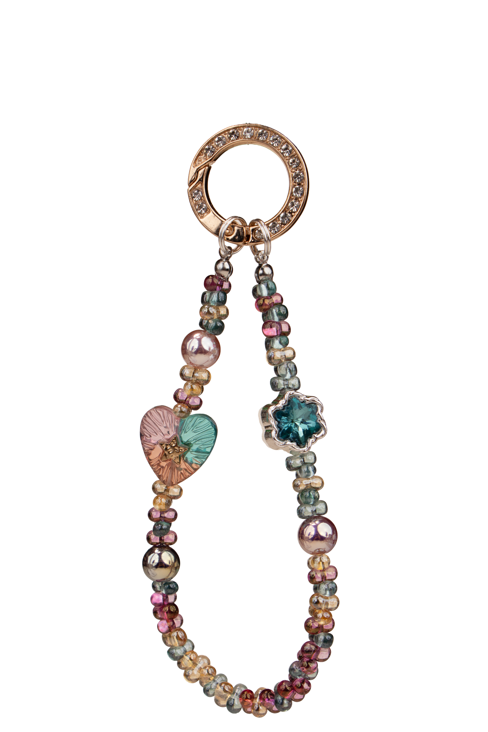 Daydream Heart phone charm with multicolor beads and gold-tone ring on phone case
