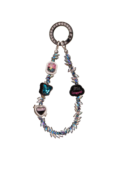 Midnight Flutter phone charm with dark rhinestone ring and iridescent details