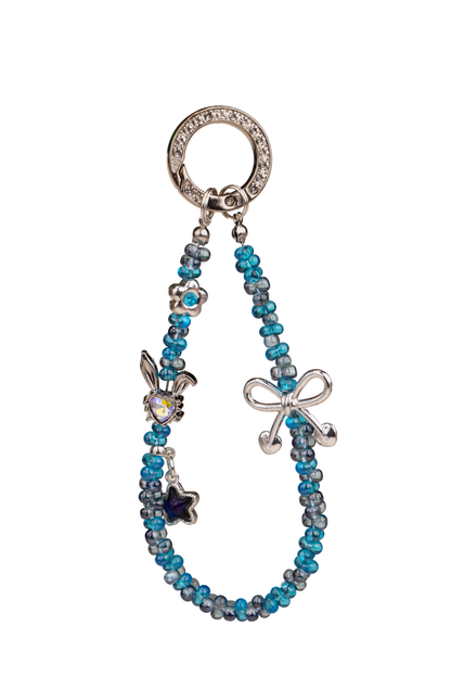 Blue Ribbon phone charm with silver-tone ring and blue bead details