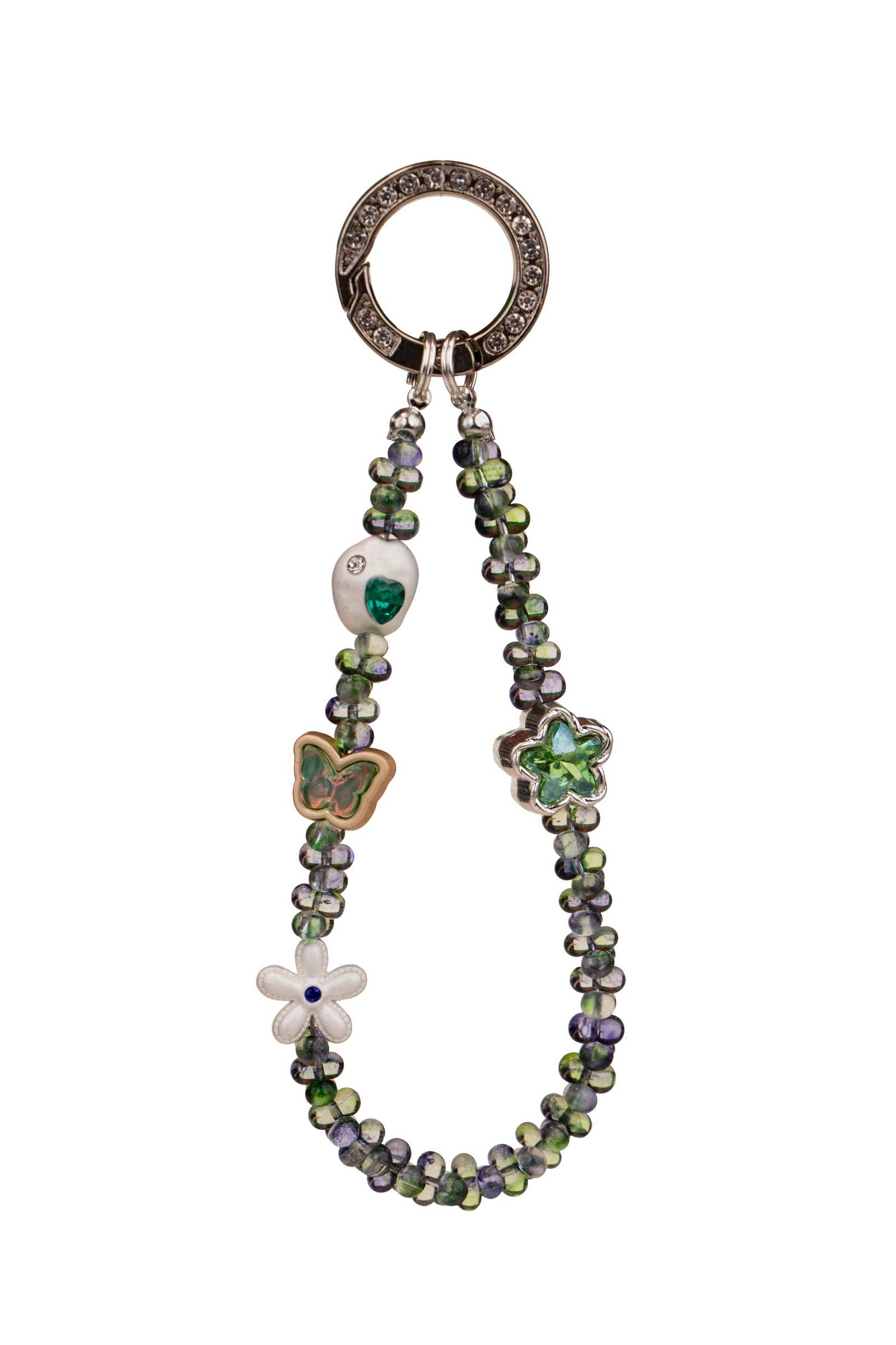 Green Whisper phone charm with silver-tone ring and green charm details