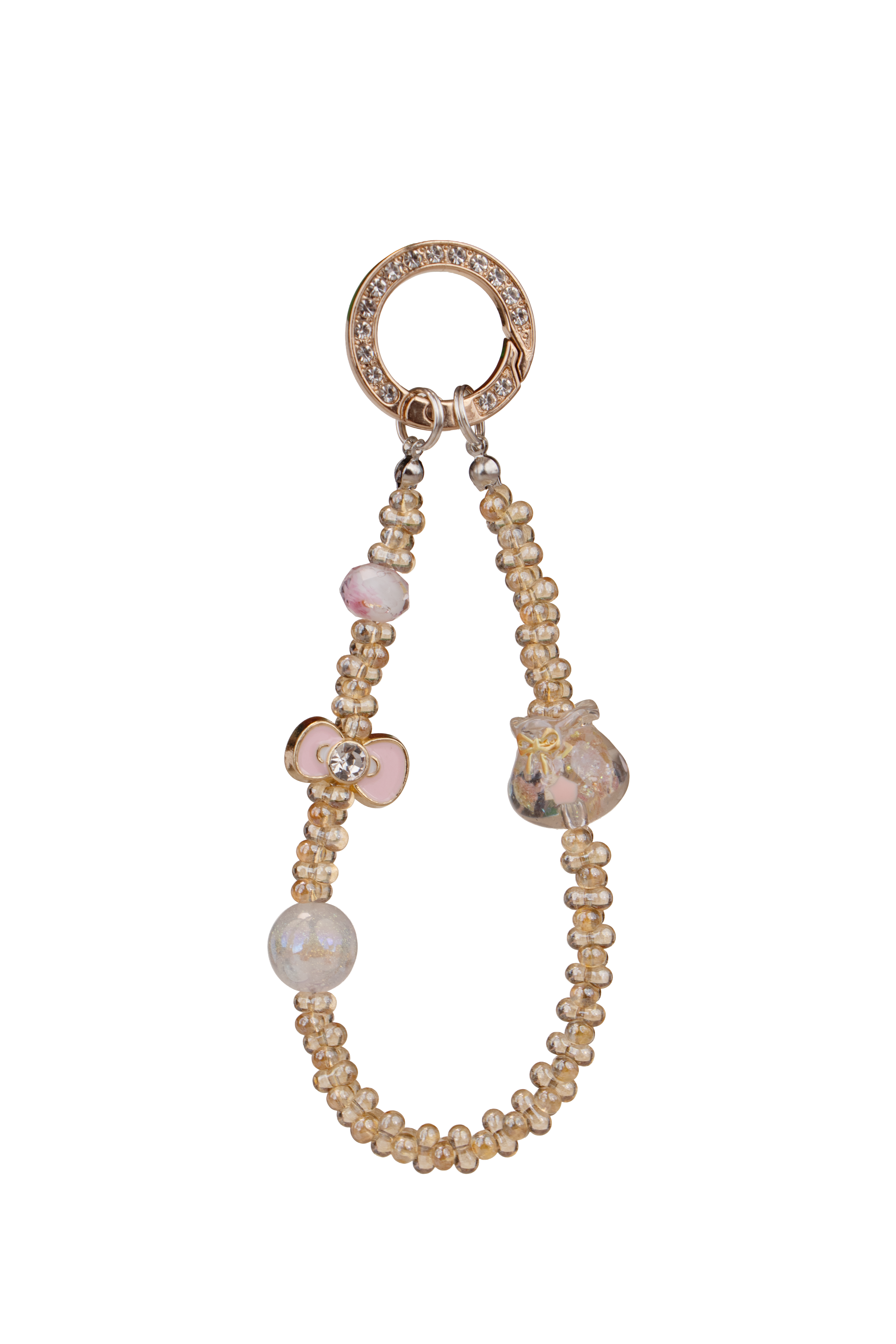 Golden Bloom phone charm with pink bow and gold-tone ring on white background