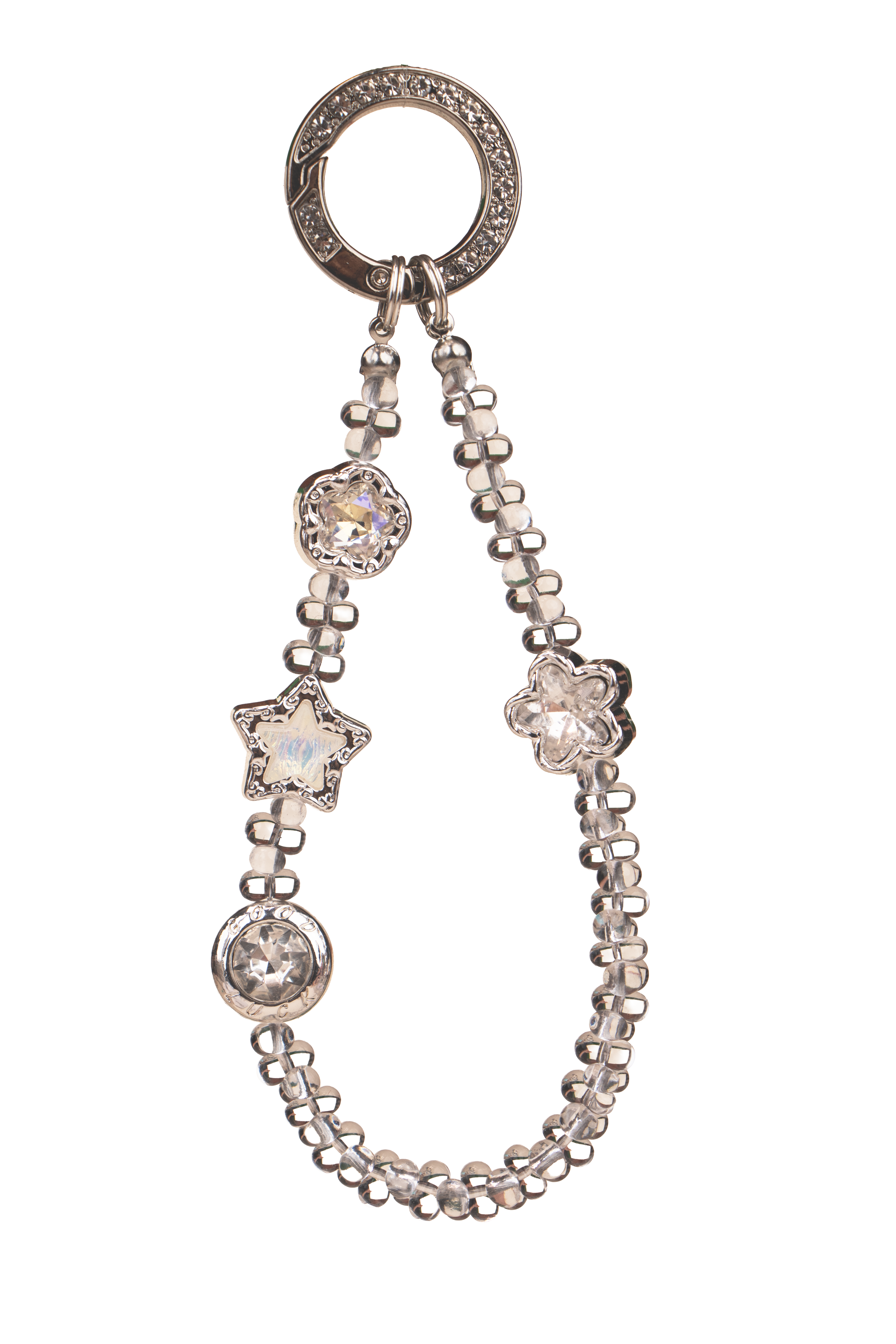 Quiet Star clear beaded phone charm with star and flower details
