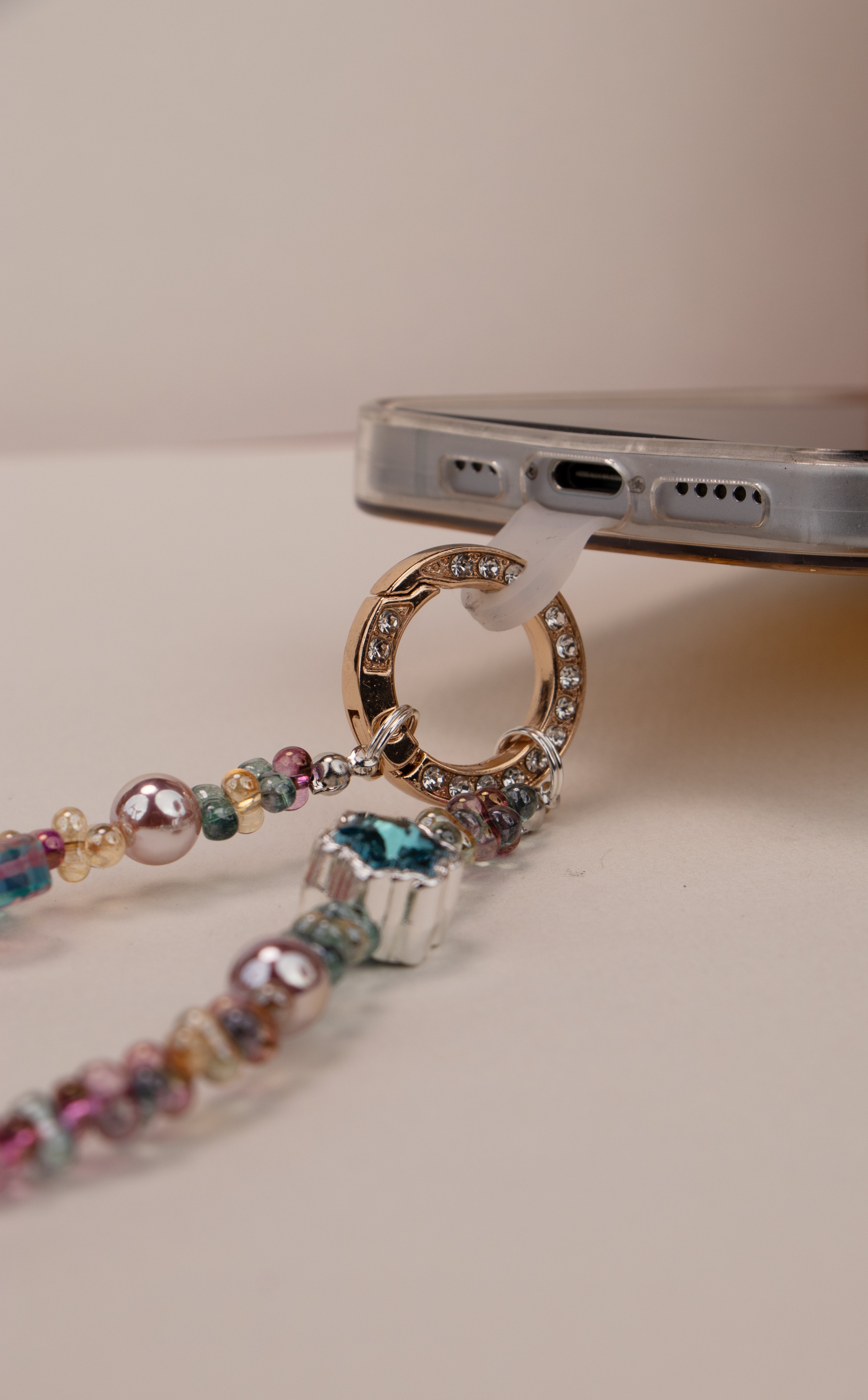 Daydream Heart beaded phone charm with pink teal heart and flower details