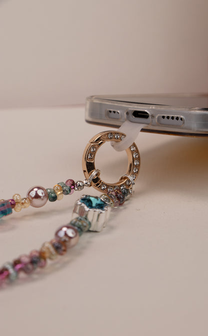 Daydream Heart beaded phone charm with pink teal heart and flower details