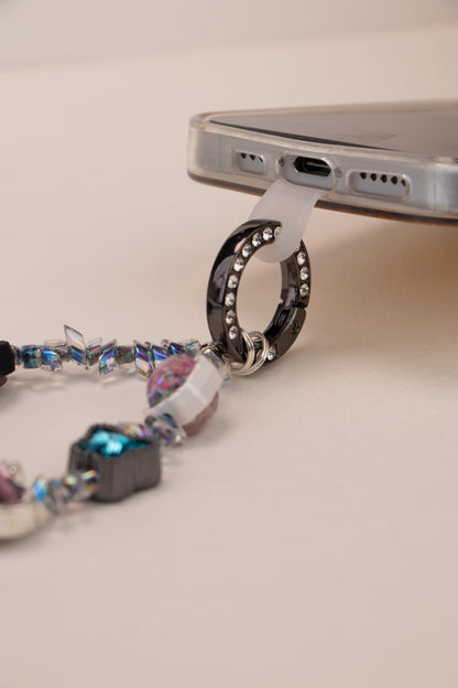 Midnight Flutter beaded phone charm with teal butterfly and purple heart details